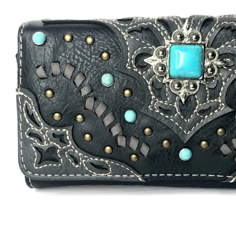 New Hand Tooled Faux Vegan Peta Approved Leather Turquoise Stone Clutch Bag - Picture 4 of 6